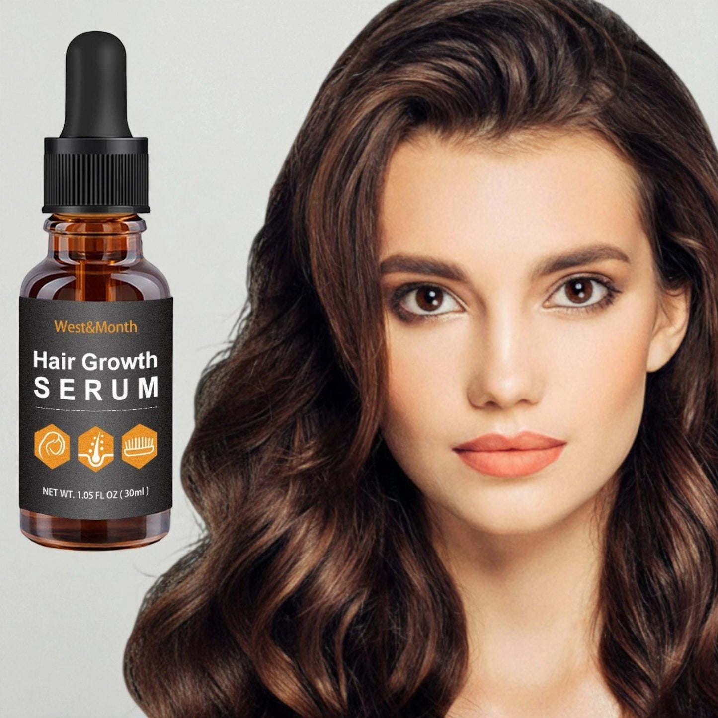 Hair growth serum bottle with a woman with long hair on a light background