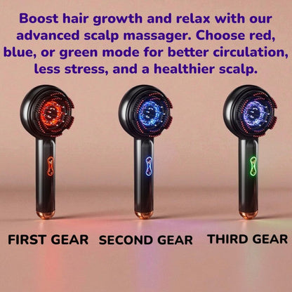 Three advanced scalp massagers with color-changing lights on a beige background.
