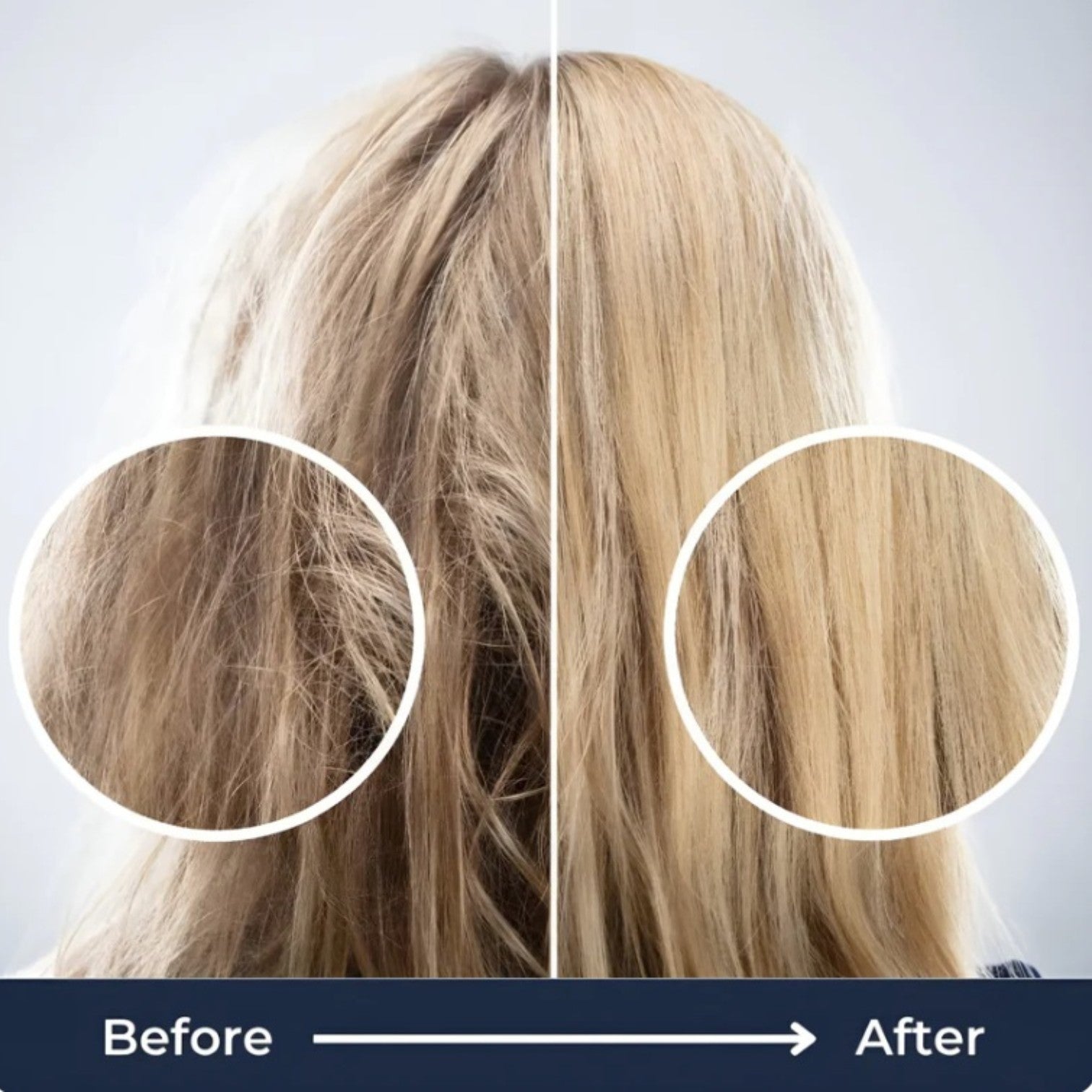 Before and after comparison of hair with a hair product application.