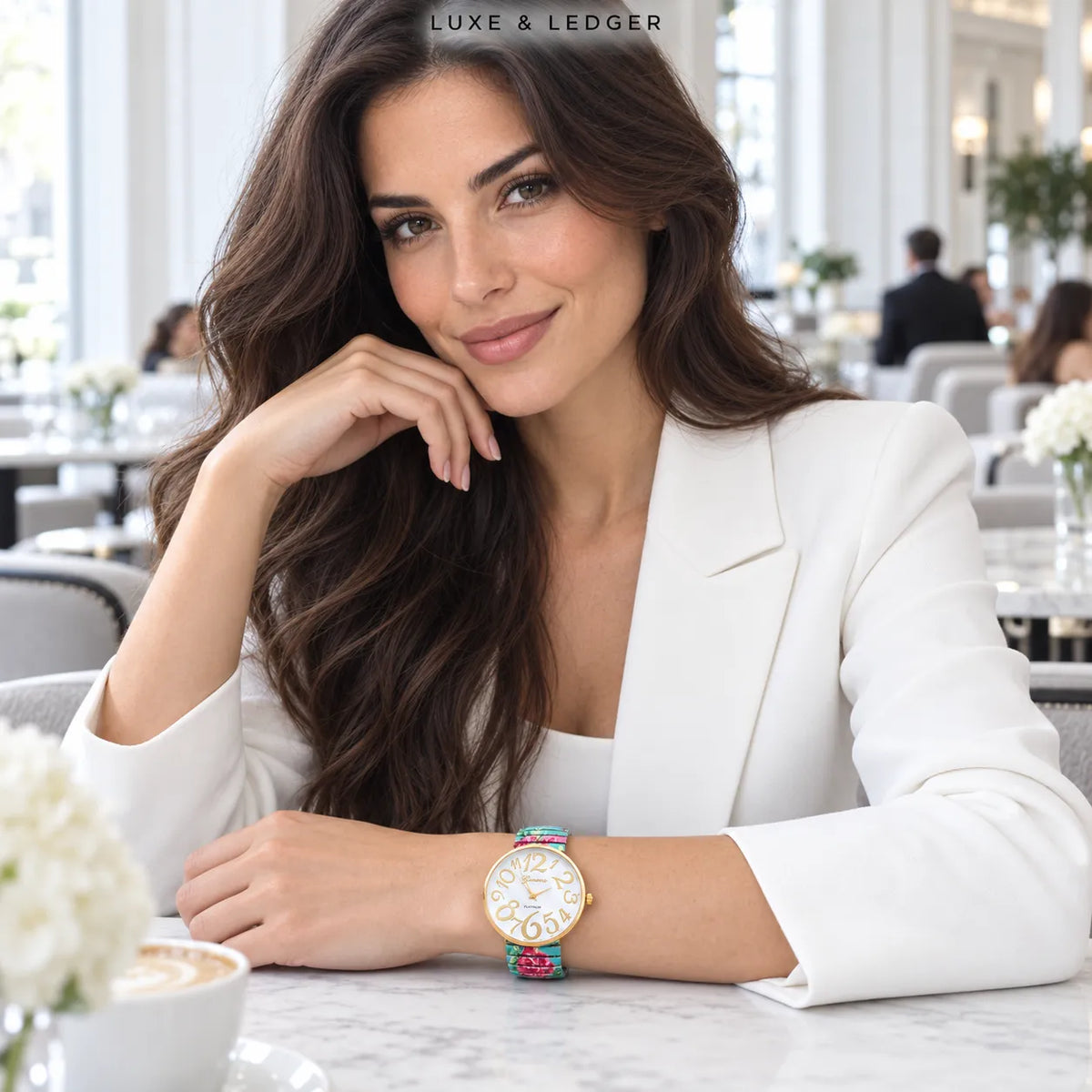 A woman in a white blazer sits at a cafe table wearing a colorful watch with a gold-tone case and white dial. The brand name 'LUXE & LEDGER' is visible at the top of the image.