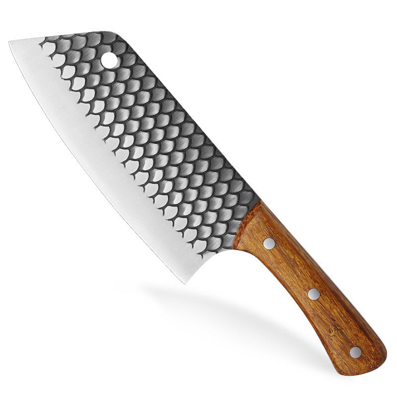 Knife with wooden handle and fish-scale pattern on blade against a white background