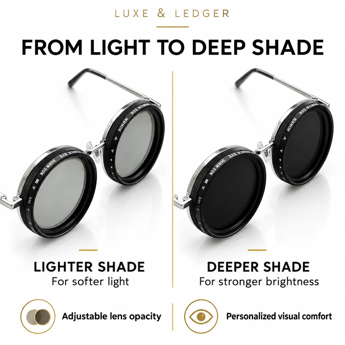 A split comparison graphic for Luxe & Ledger round sunglasses with adjustable lens filters, showing lighter shade on the left and deeper shade on the right, with text explaining adjustable lens opacity and personalized visual comfort.