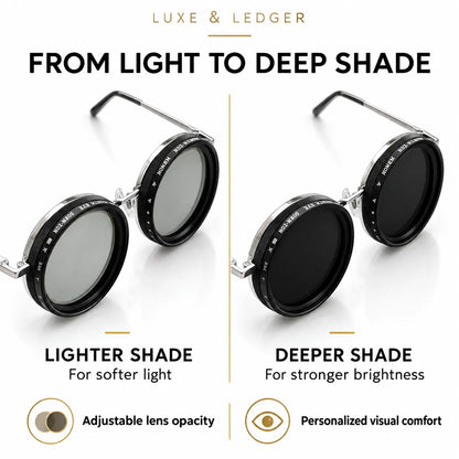 A split comparison graphic for Luxe & Ledger round sunglasses with adjustable lens filters, showing lighter shade on the left and deeper shade on the right, with text explaining adjustable lens opacity and personalized visual comfort.