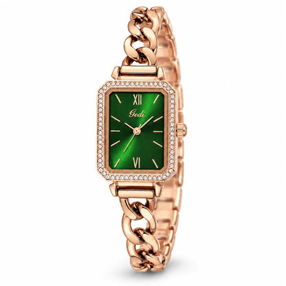 A rectangular women's watch with a green dial, rose gold case and chain bracelet, accented with a bezel of small clear crystals. The brand name 'Gedi' is visible on the dial.