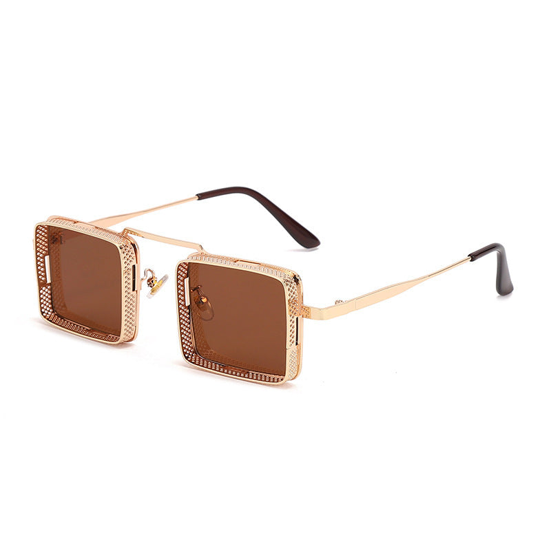Gold-framed sunglasses with brown lenses on a white background