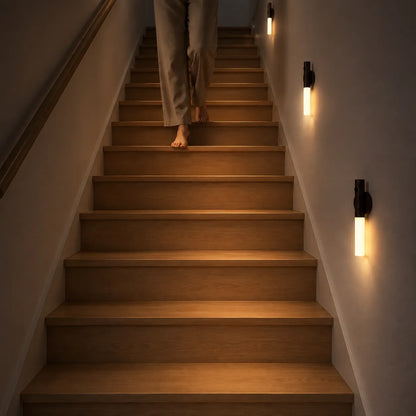 A person walking down a wooden staircase illuminated by warm wall-mounted sconces on both sides.