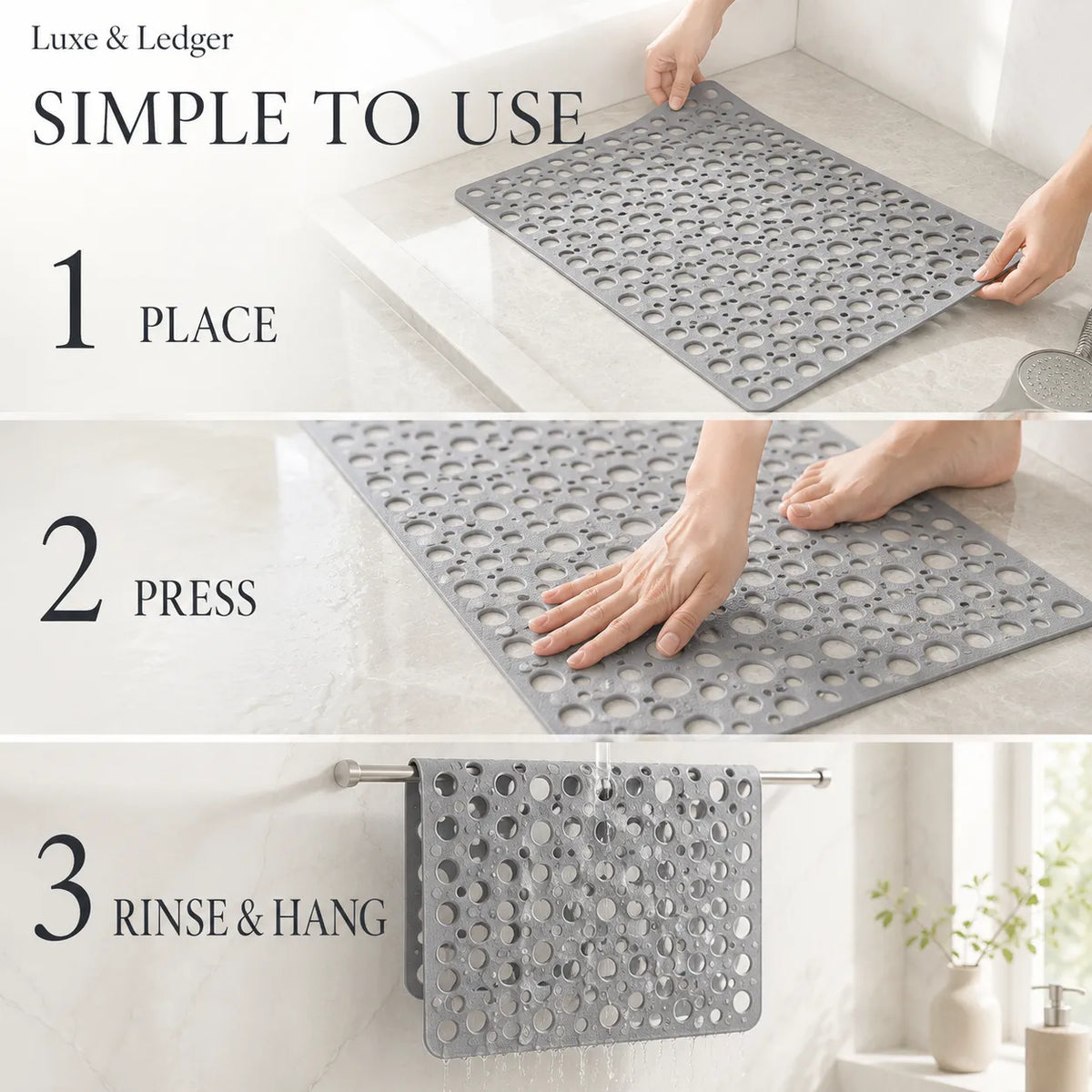Three-panel instructional graphic showing a gray textured bath mat being placed in a bathtub, pressed by hands and feet, and hung on a towel bar with water running over it. Text reads 'Lux & Ledger', 'SIMPLE TO USE', and steps 1, 2, 3.