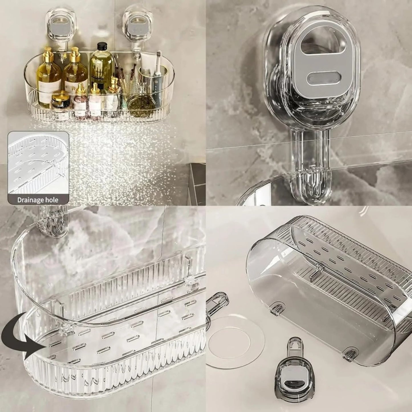 Clear shower caddy with multiple hooks and compartments on a bathroom wall.