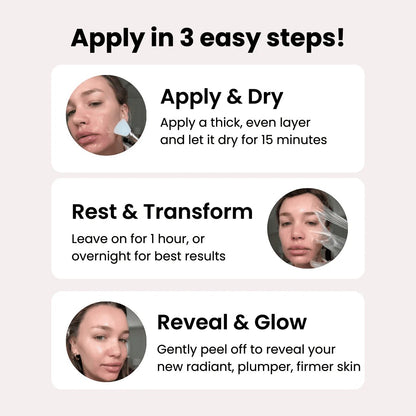 Step-by-step guide for a skincare product with text and images of a person applying and revealing the product.