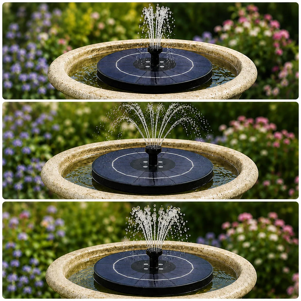 Three-panel collage showing a round solar garden fountain with water spraying from the center, set outdoors in front of blurred greenery and flowers.