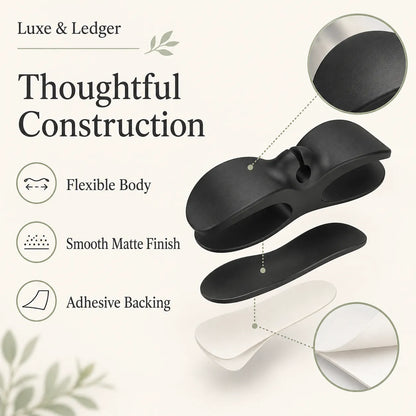 Black and white split foot orthopedic insoles shown in an exploded view with text highlighting 'Flexible Body', 'Smooth Matte Finish', and 'Adhesive Backing' on a light beige background.