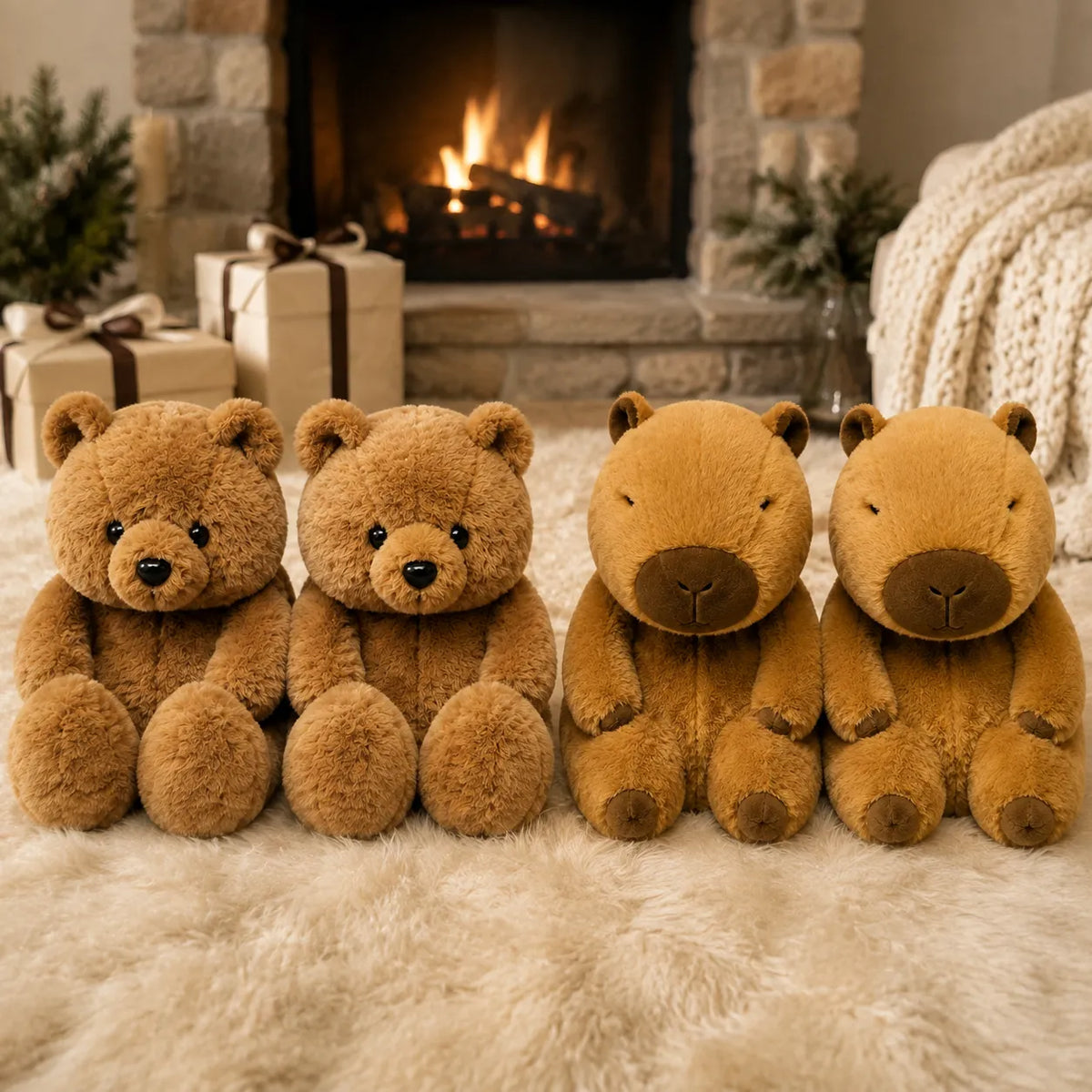 Four plush teddy bears in warm brown and tan tones arranged side by side on a white faux-fur rug in front of a cozy fireplace with wrapped gifts and holiday greenery in the background.