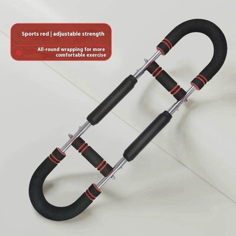 Black and red adjustable exercise tool on a light gray background