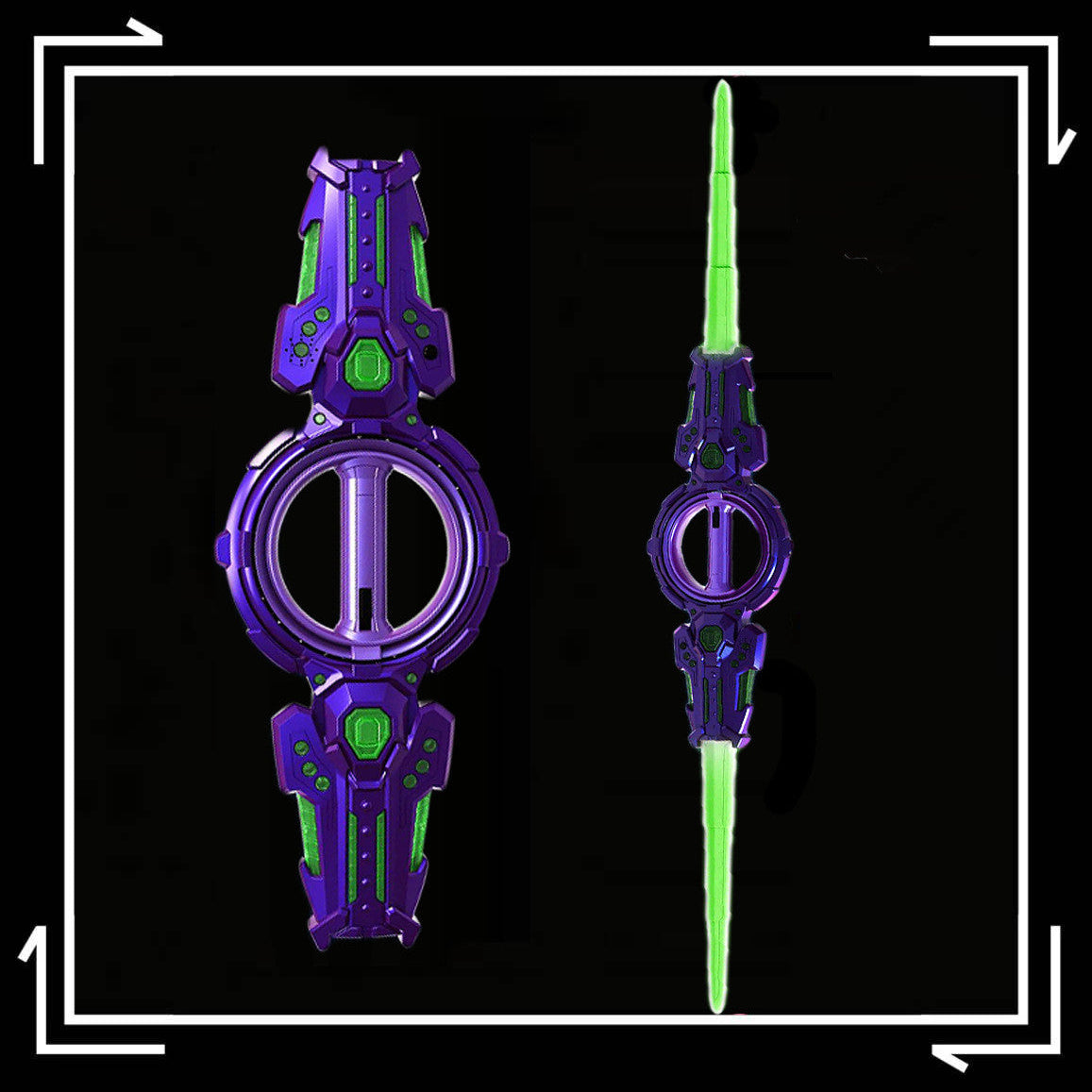 Purple and green futuristic weapon on a black background