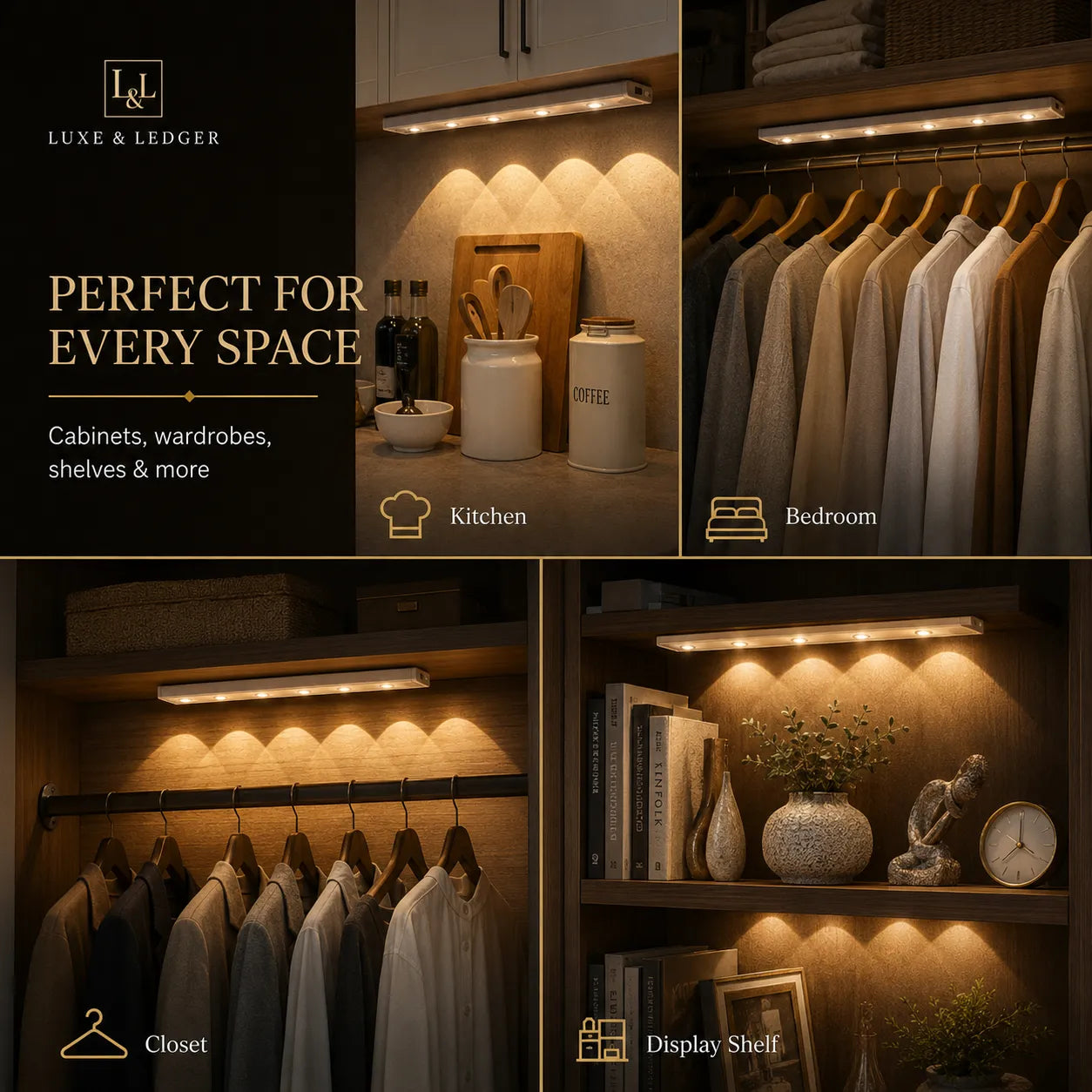 Collage of interior spaces with lighting fixtures, including a kitchen, bedroom, closet, and display shelf, with Luxe & Ledger branding.