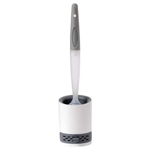 A bathroom toilet brush with a gray and white handle, standing upright in a white cylindrical holder with a dark gray base, isolated on a white background.