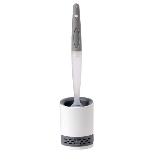 A bathroom toilet brush with a gray and white handle, standing upright in a white cylindrical holder with a dark gray base, isolated on a white background.