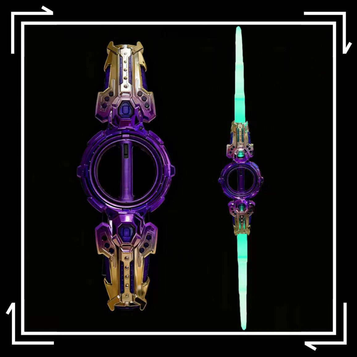 Decorative key-shaped objects with purple and gold design on a black background