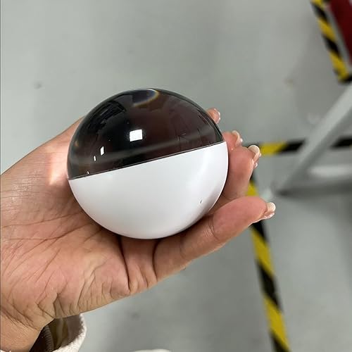 Hand holding a spherical object with black top and white bottom against a blurred background