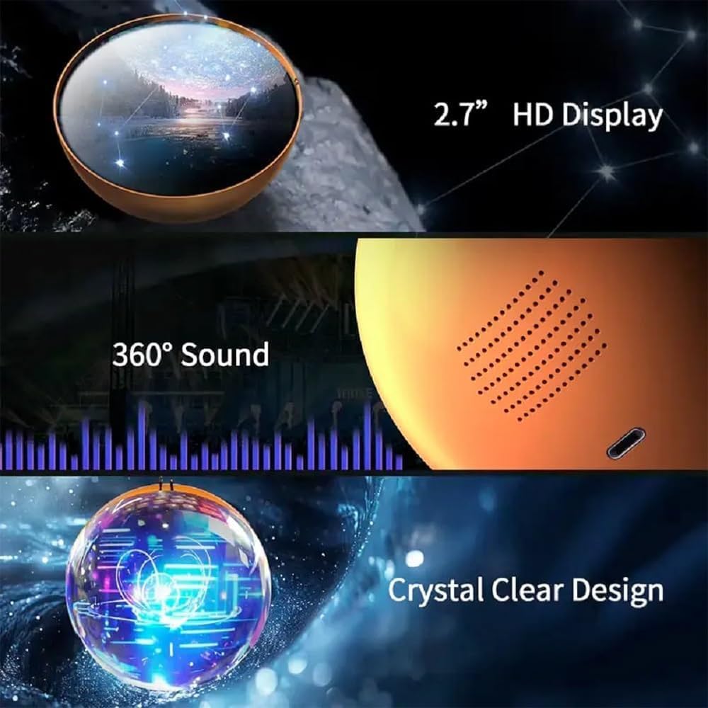 Product with 2.7" HD display, 360° sound, and crystal clear design on a dark space-themed background.