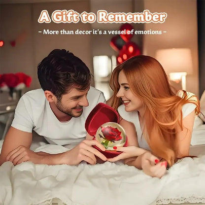 Couple in a bedroom with a woman holding a box containing a rose, surrounded by decorative lights and flowers.