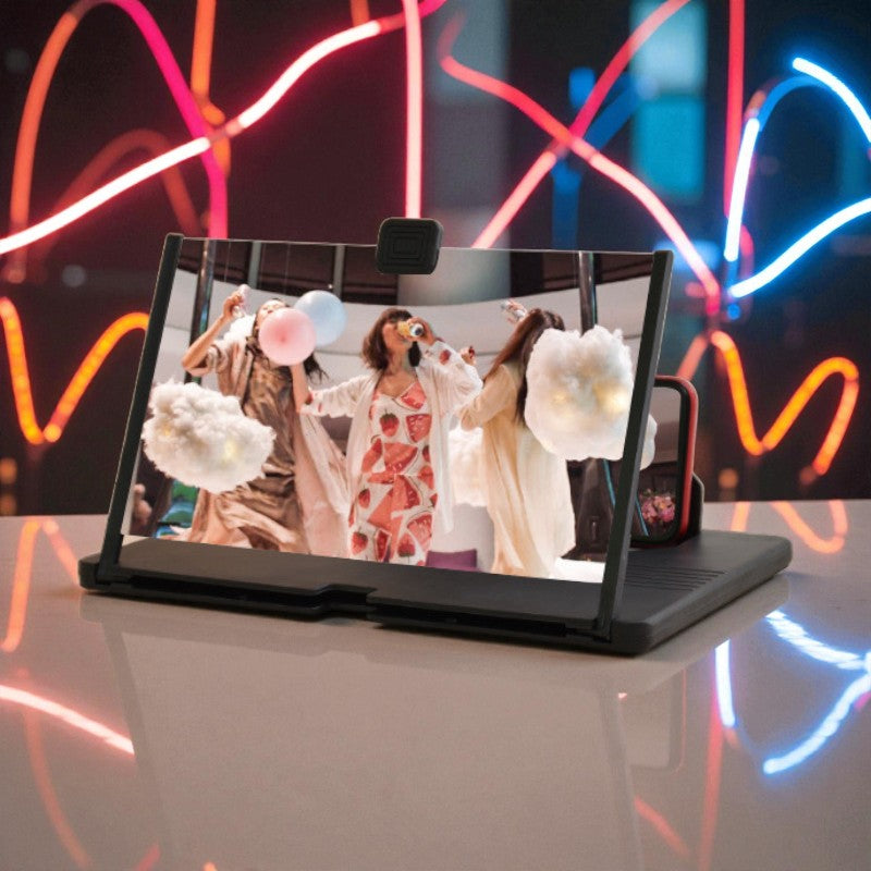  phone screen magnifier WITH a photo of three women against a colorful, neon-lit background.
