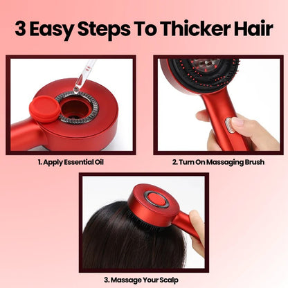 Red hair care product with instructions on applying essential oil, turning on a massaging brush, and massaging the scalp.