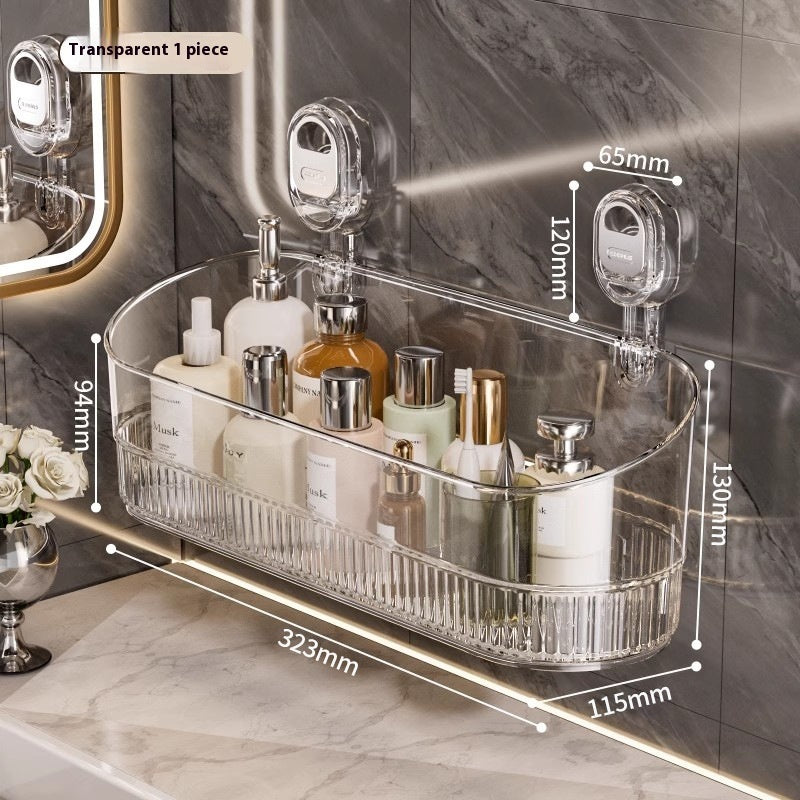 Clear bathroom shelf with cosmetic bottles on a marble countertop, showing measurements.