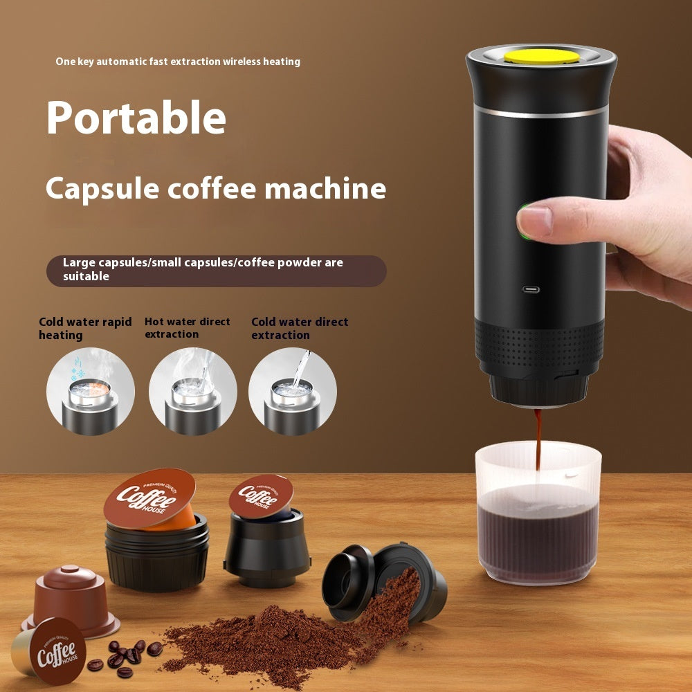 Portable capsule coffee machine being used to make coffee on a wooden surface.