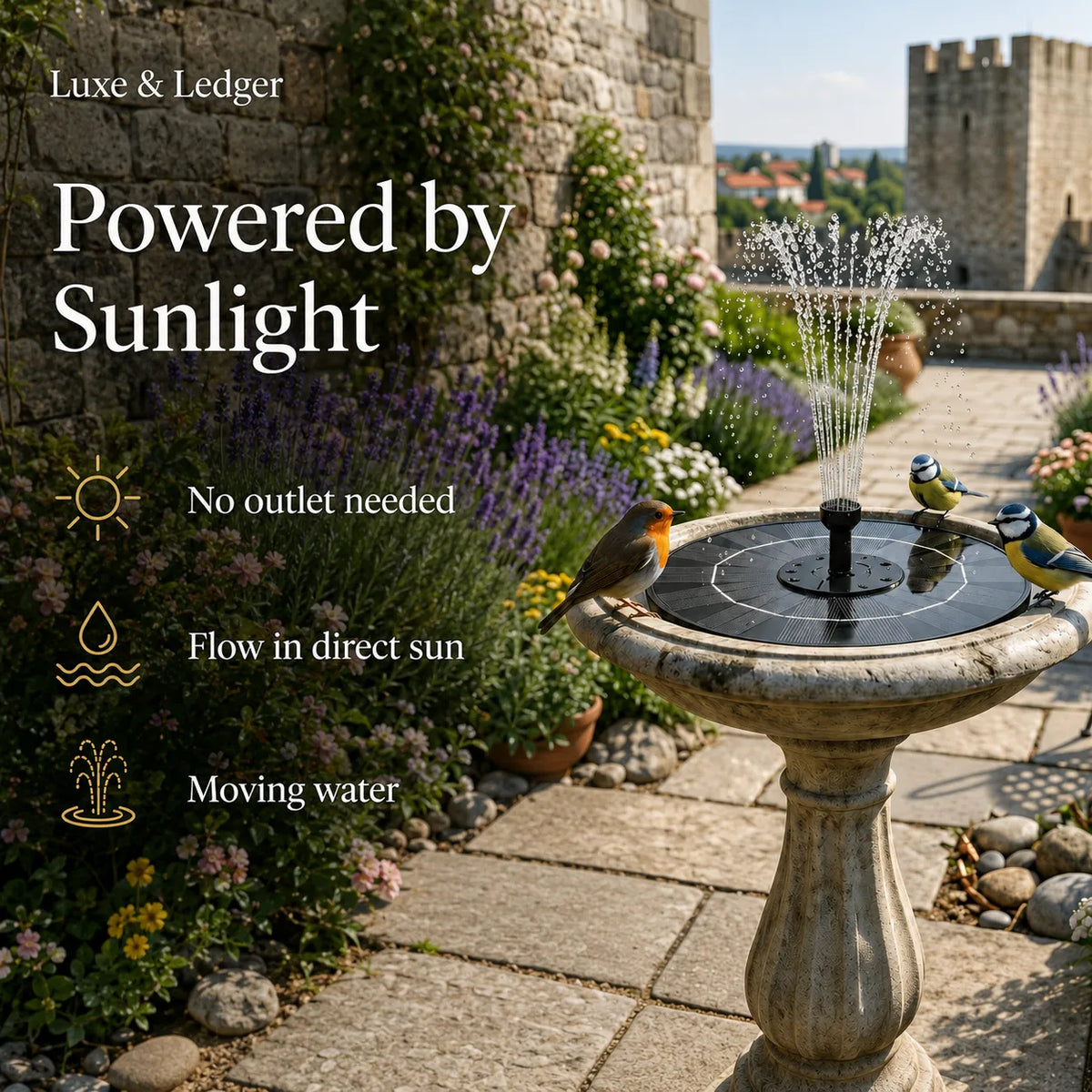 Solar-powered bird bath fountain set in a stone garden courtyard with birds perched on the basin. Large text reads 'Powered by Sunlight' with feature icons: no outlet needed, flow in direct sun, moving water.
