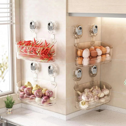 Wall-mounted kitchen organizer with tiers holding vegetables, fruits, and eggs.