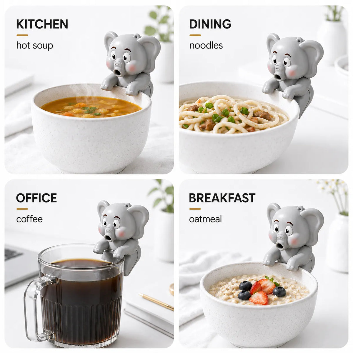 Four-panel collage showing a small gray koala-shaped cup holder attached to the rim of different bowls and mugs in real-use dining settings: kitchen hot soup, dining noodles, office coffee, and breakfast oatmeal. The koala sits beside the vessels, and text labels identify each use case.