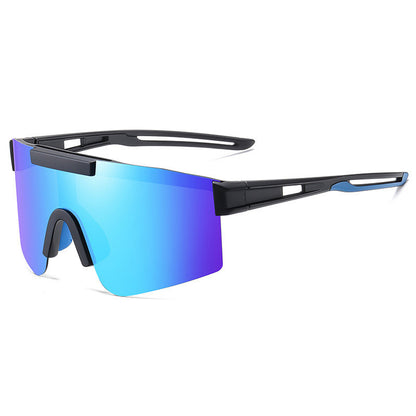 A pair of blue polarized cycling sunglasses with a black frame, displayed on a white surface with a reflective shadow.