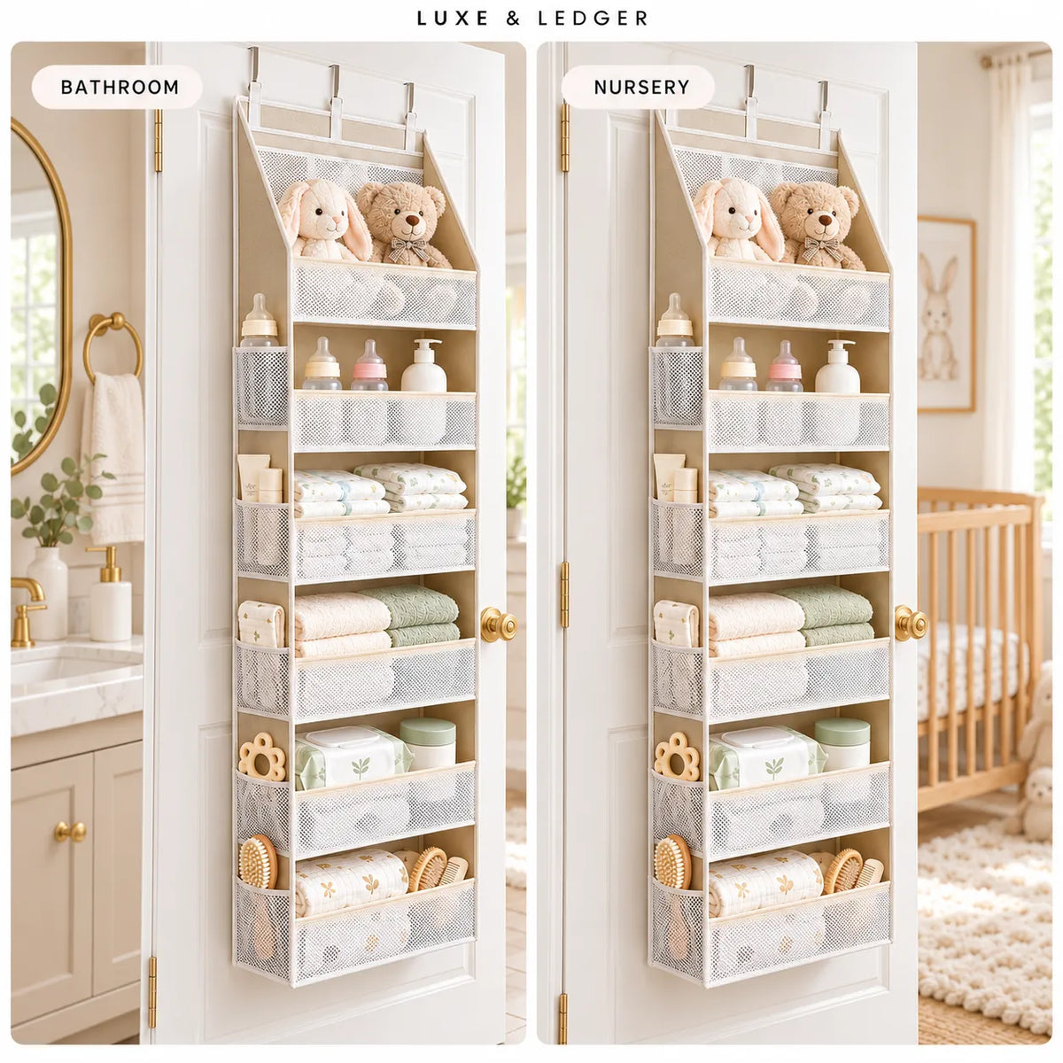 A vertical over-the-door organizer hanging on two white doors, shown in a bathroom and nursery setting. The organizer has multiple fabric compartments holding folded baby clothes, bottles, toys, and stuffed animals.