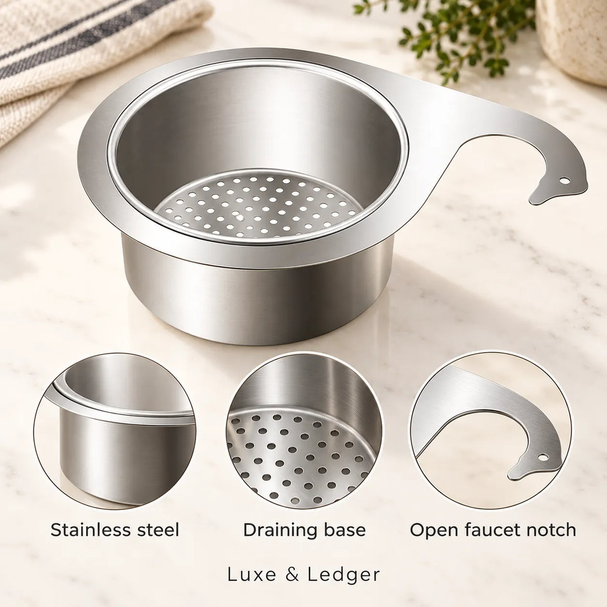 Stainless steel sink strainer basket showing its perforated draining base and notched handle.