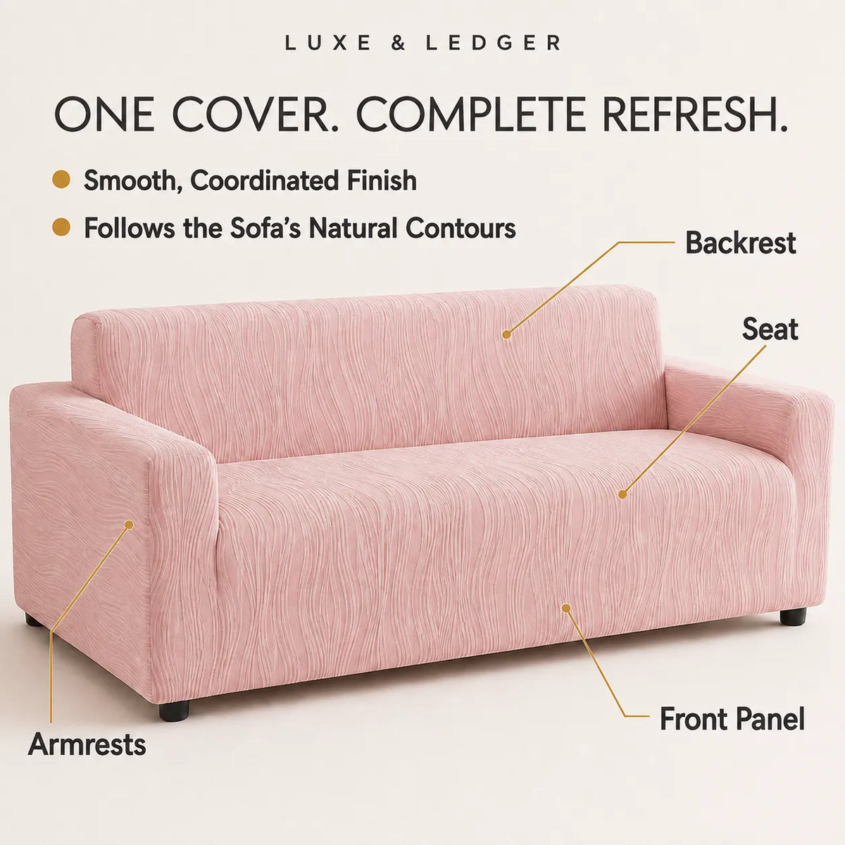 A pink sofa slipcover shown on a sofa, with callout labels pointing to the backrest, seat, armrests, and front panel. Text at the top reads 'LUXE & LEDGER' and 'ONE COVER.