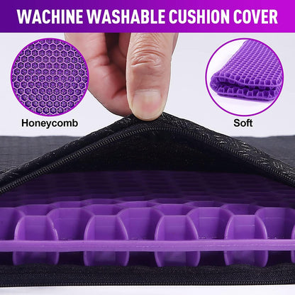 Purple cushion cover with honeycomb texture and soft surface, showing machine washable feature.