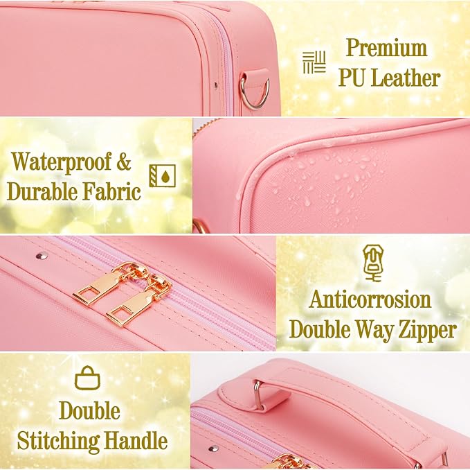 Collage of pink suitcase features with text labels on a yellow background