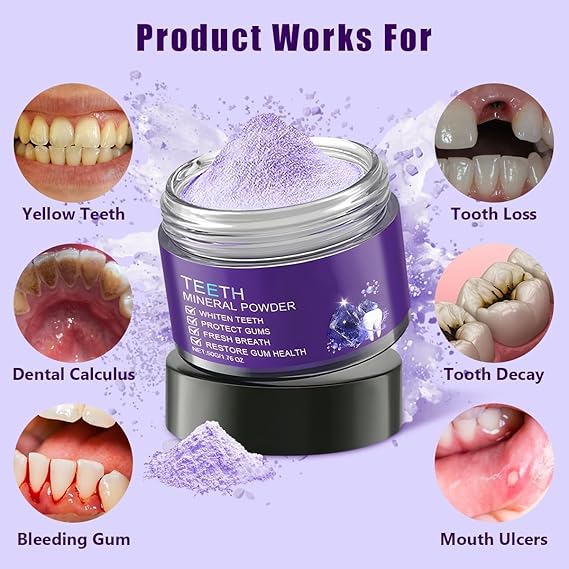 Teeth mineral powder jar with images of dental issues and solutions on a purple background