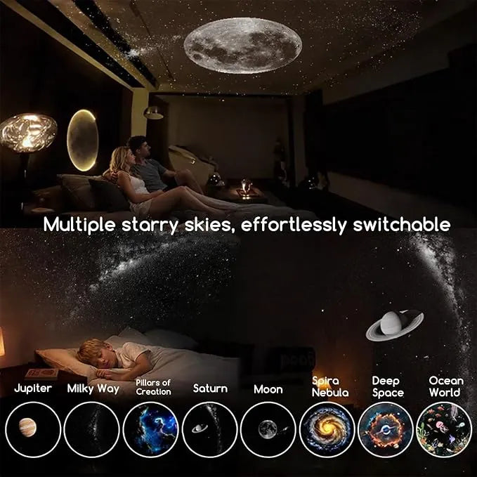 Room with starry sky projector displaying various celestial scenes.