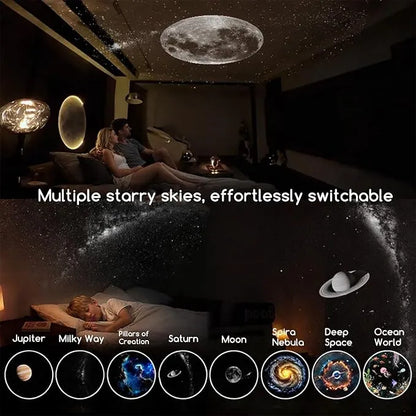 Room with starry sky projector displaying various celestial scenes.