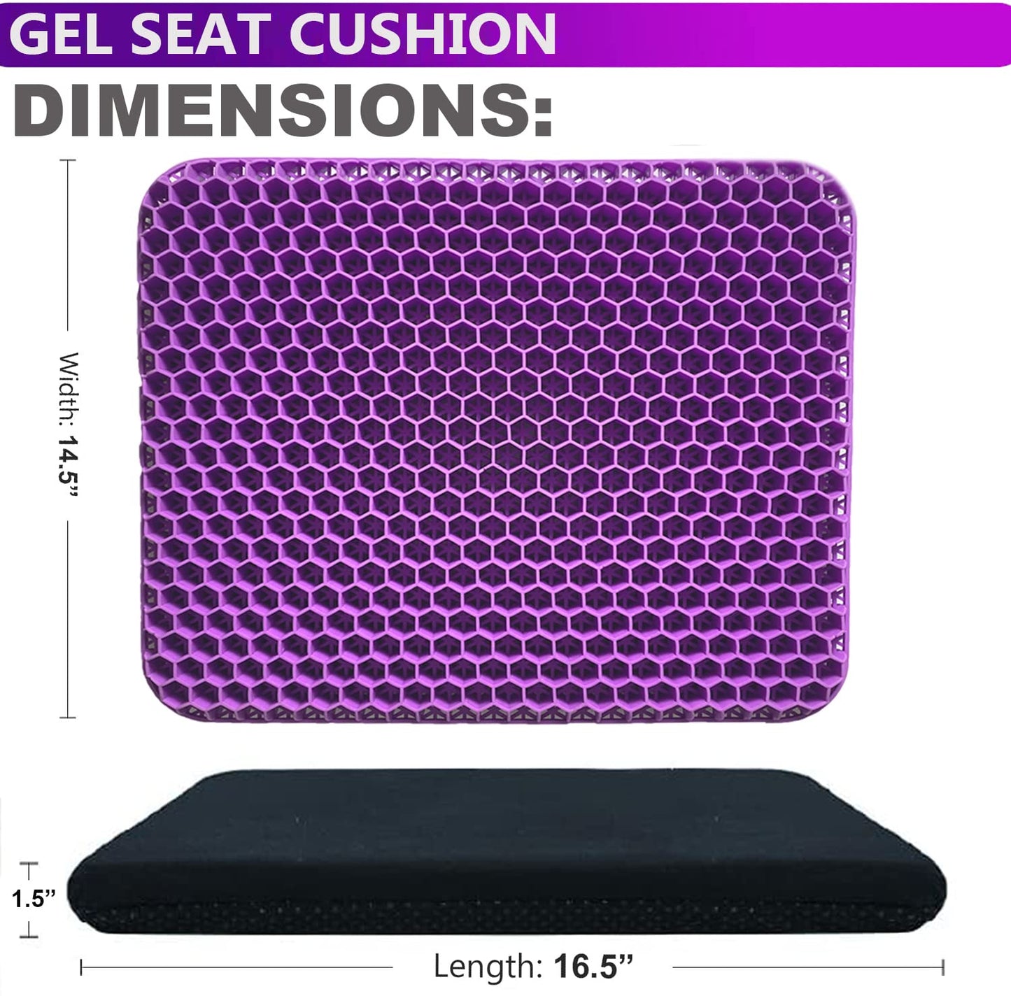 Purple honeycomb pattern gel seat cushion with dimensions on a white background