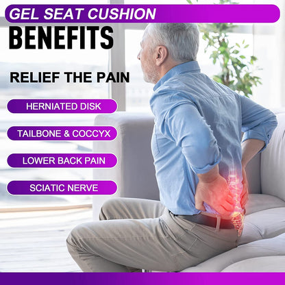 Man sitting on a couch with back pain relief benefits highlighted for a gel seat cushion.