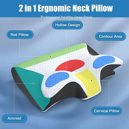 2-in-1 ergonomic neck pillow with colorful design on a blue background