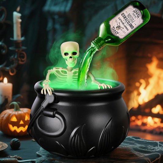 Halloween-themed scene with a skeleton in a cauldron, green liquid, and a bottle labeled 'Greenland'.
