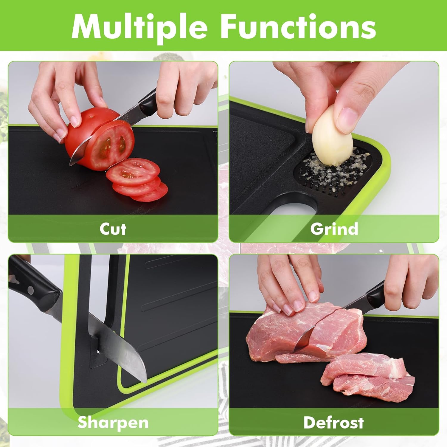 Multifunctional cutting board with knife and various food items on a green background