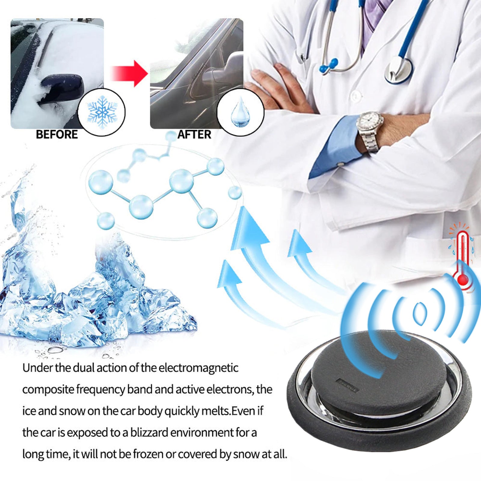 Product advertisement showing a device melting ice and snow on a car, with a doctor in the background.