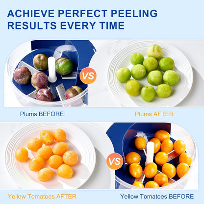 Before and after comparison of plums and yellow tomatoes using a peeling tool.
