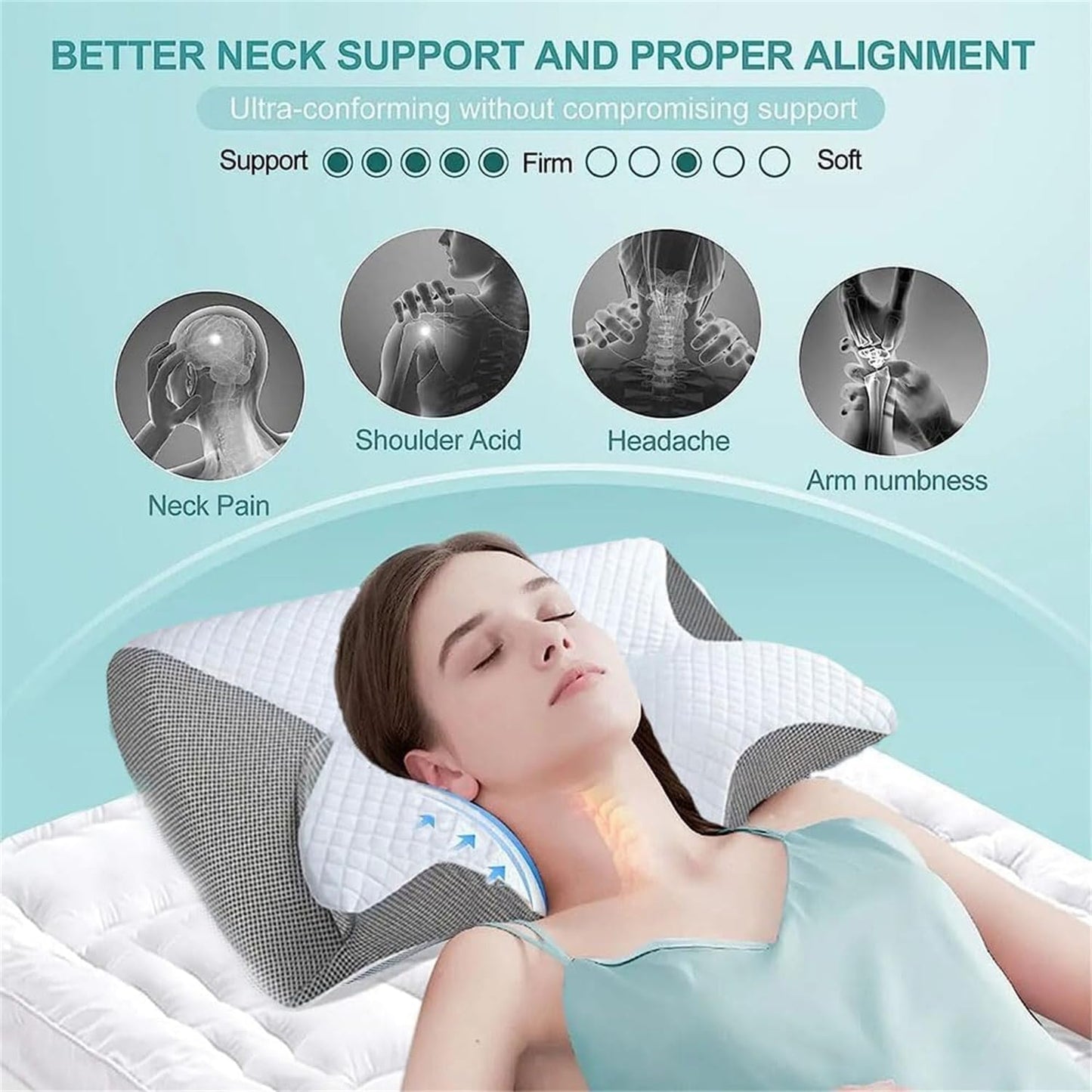 Woman using a neck support pillow with text about better neck support and proper alignment.