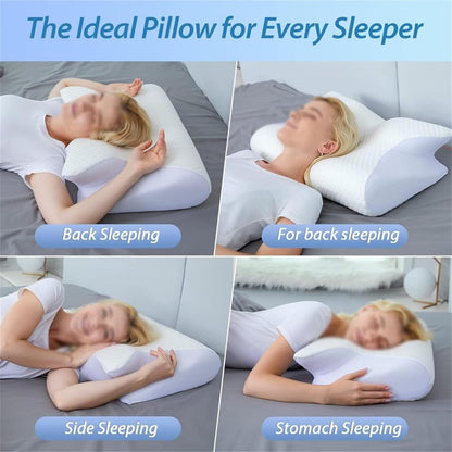 Woman using a white pillow for different sleeping positions on a gray bed.